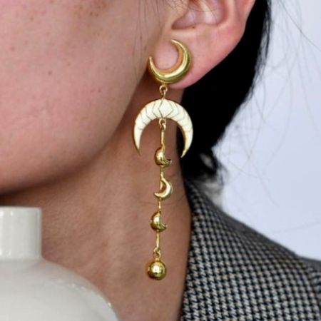 Crescent Moon Drop Earrings in 22K Gold-Plated Brass with Enamel Detailingâ€“ 3.1